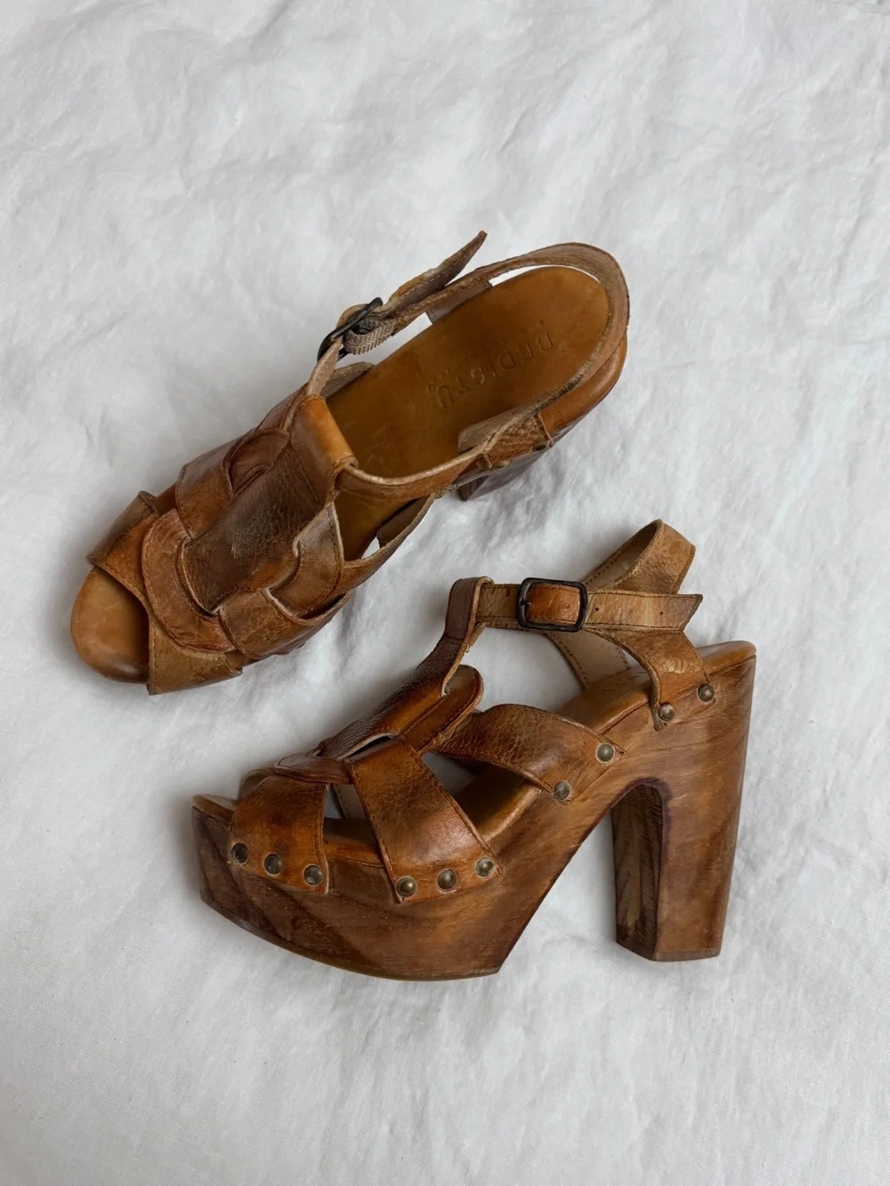 Bed|Stu Leather Wooden Platform Clog Heels Sandals Size 10 Y2K Boho Festival